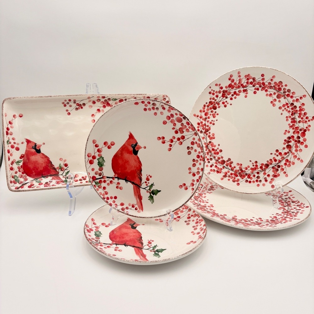 Potters Studio Cardinal Berry Holiday Serving Platter Dinner Plates Christmas